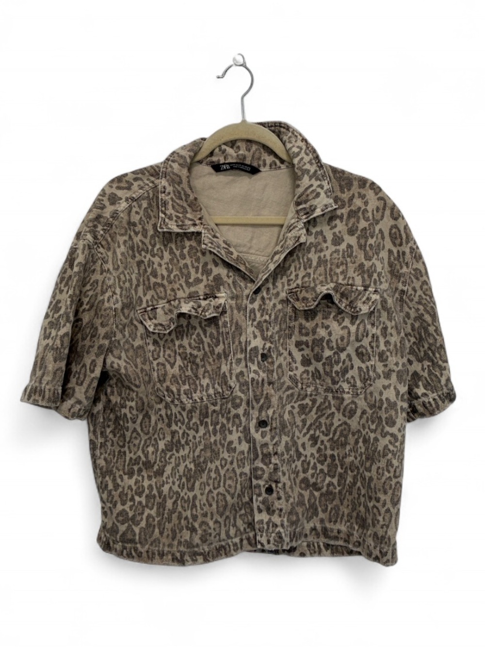 Zara Beige Leopard Print Oversized Short Sleeve Button-Up Shirt